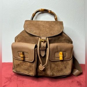 Gucci Tan Suede Backpack with Bamboo Details